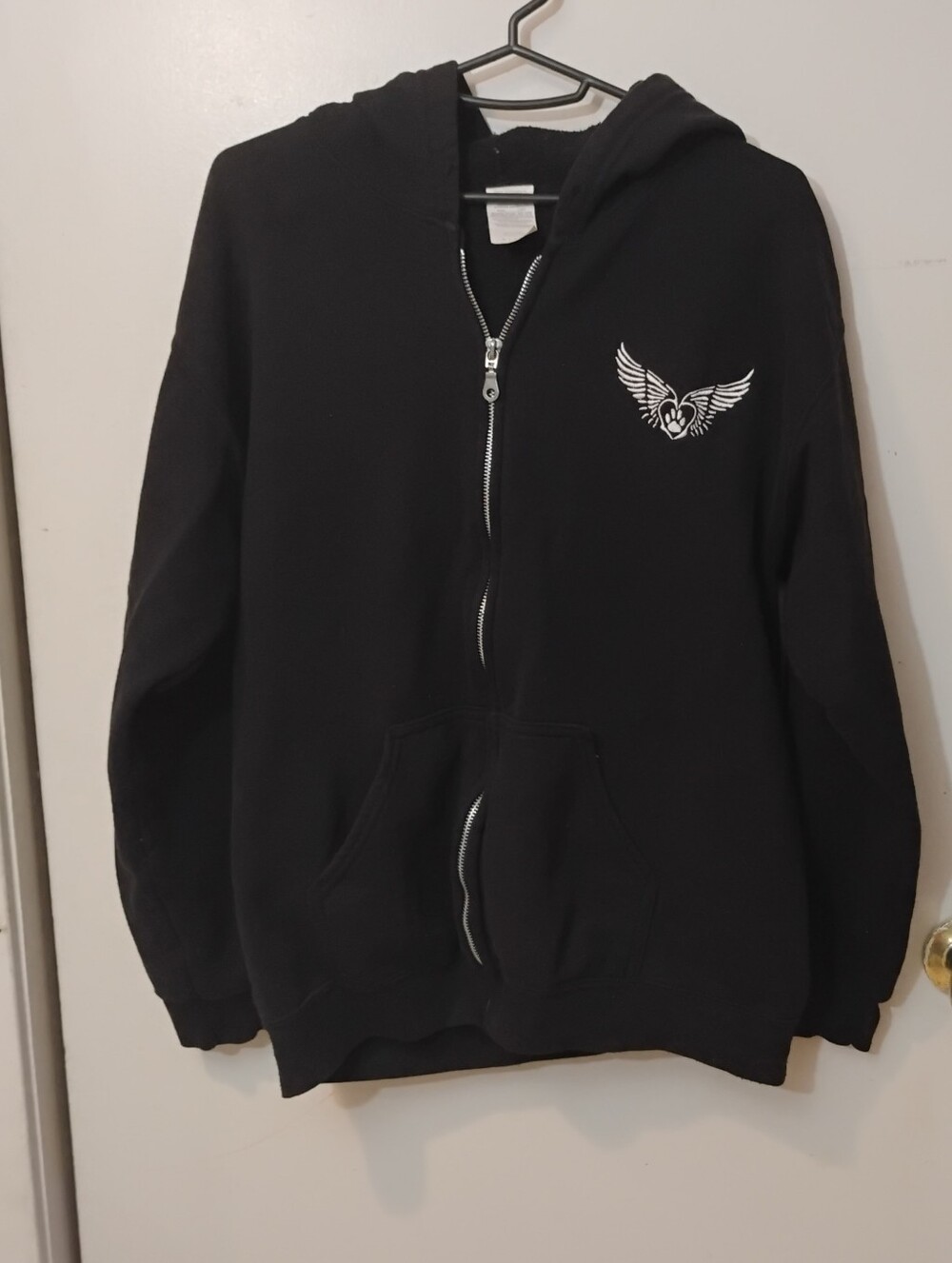 Black Zip Up Hoodie with White Winged Paw Heart Embroidery